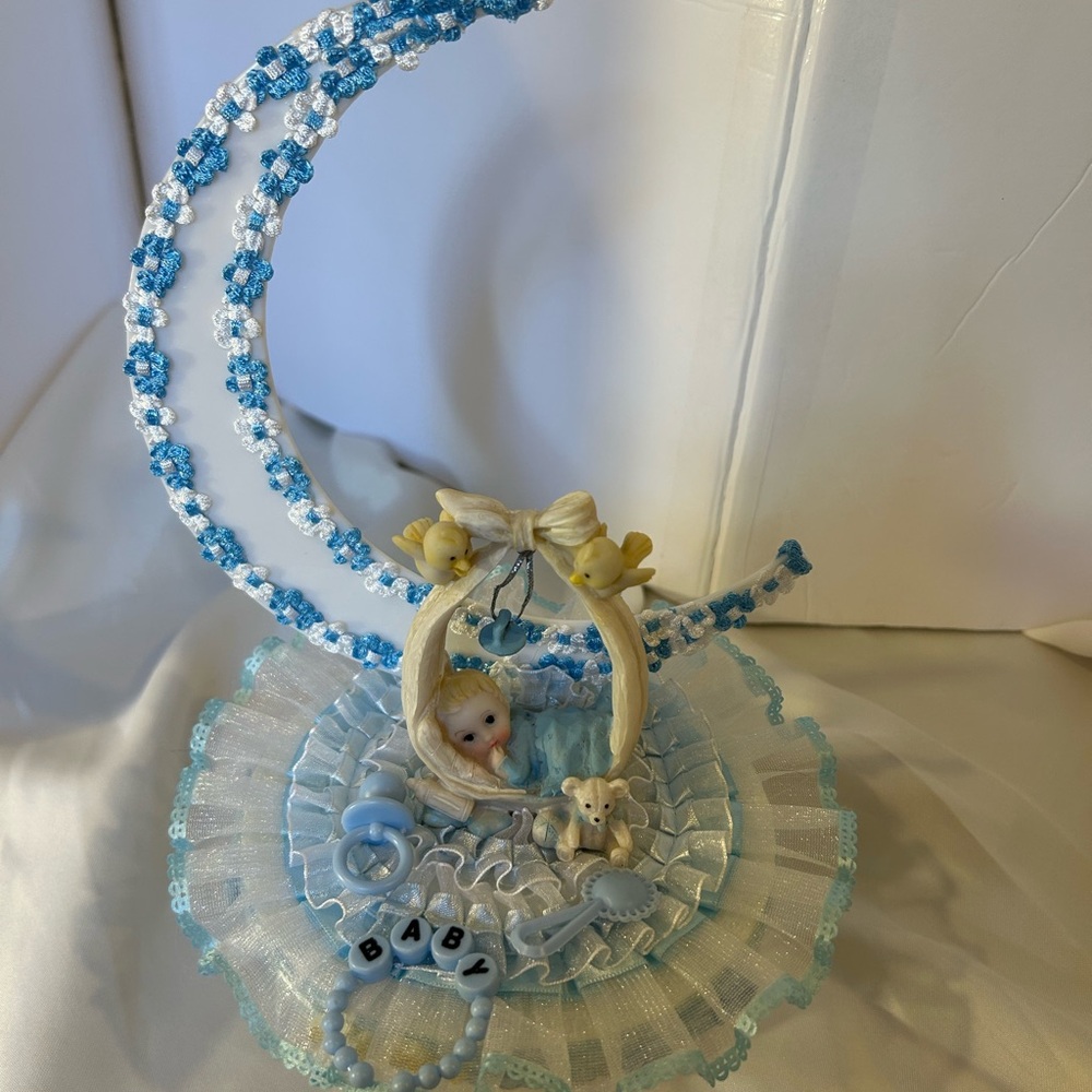 Blue and White Baby Figurine with Moon and Teddy Bear